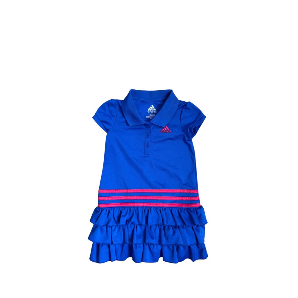 Adidas Girls Royal Blue Pink Stripe Ruffle Polo Dress Sporty Toddler Size‎ 3T